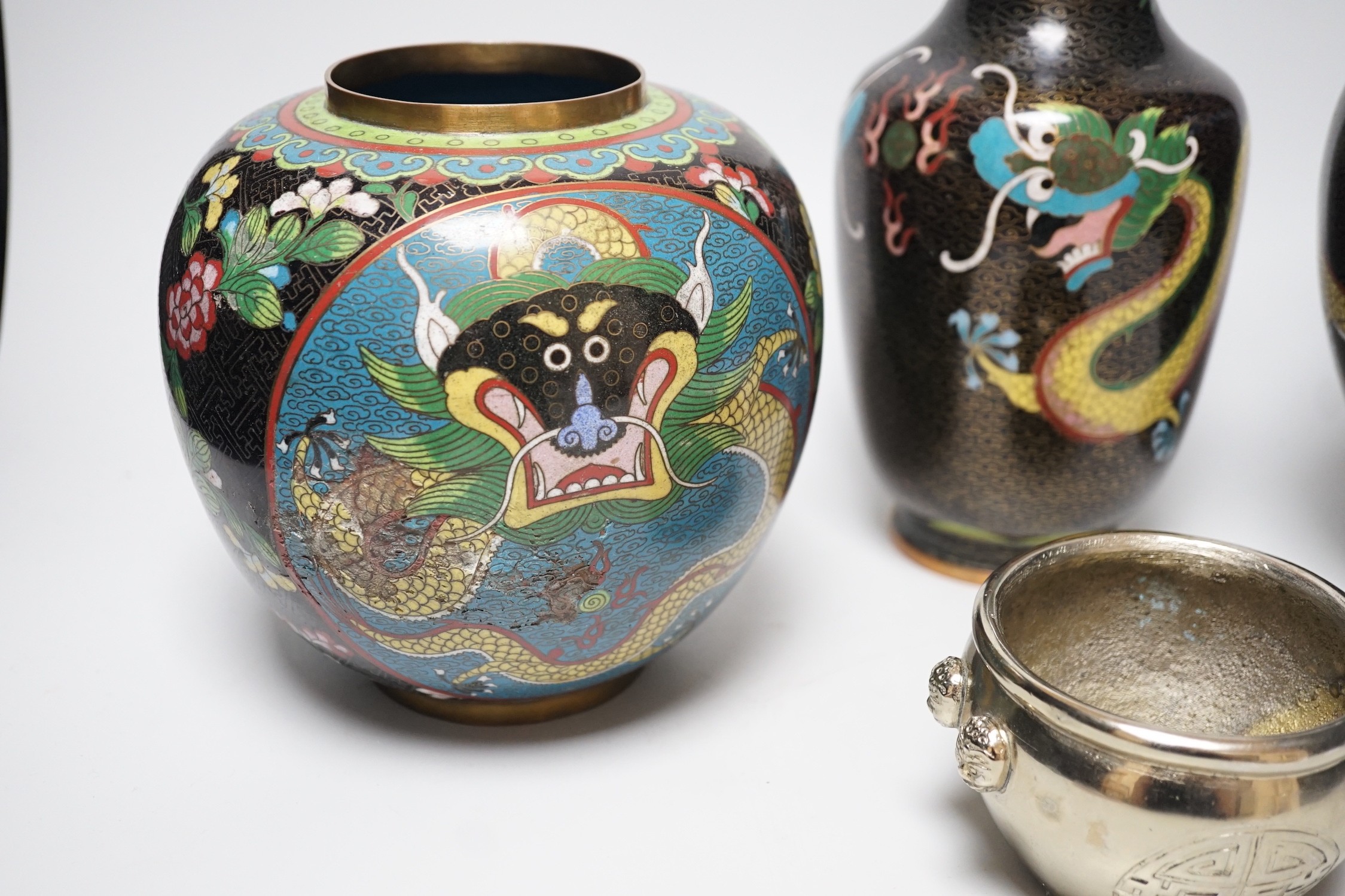 Three Chinese cloisonné enamel vases and a small bronze censer, Tallest 26cm